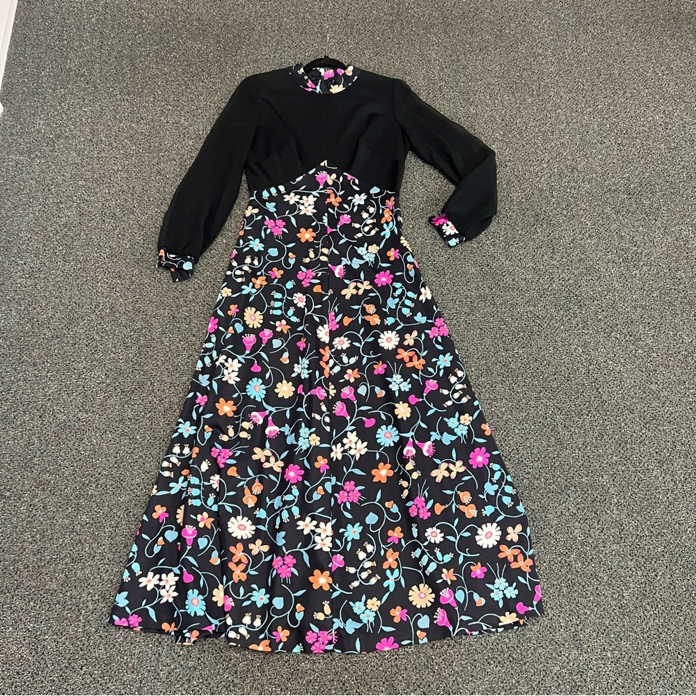 VINTAGE Black & Floral Sheer Mesh Turtleneck Long-Sleeve Maxi Dress Modest Gown